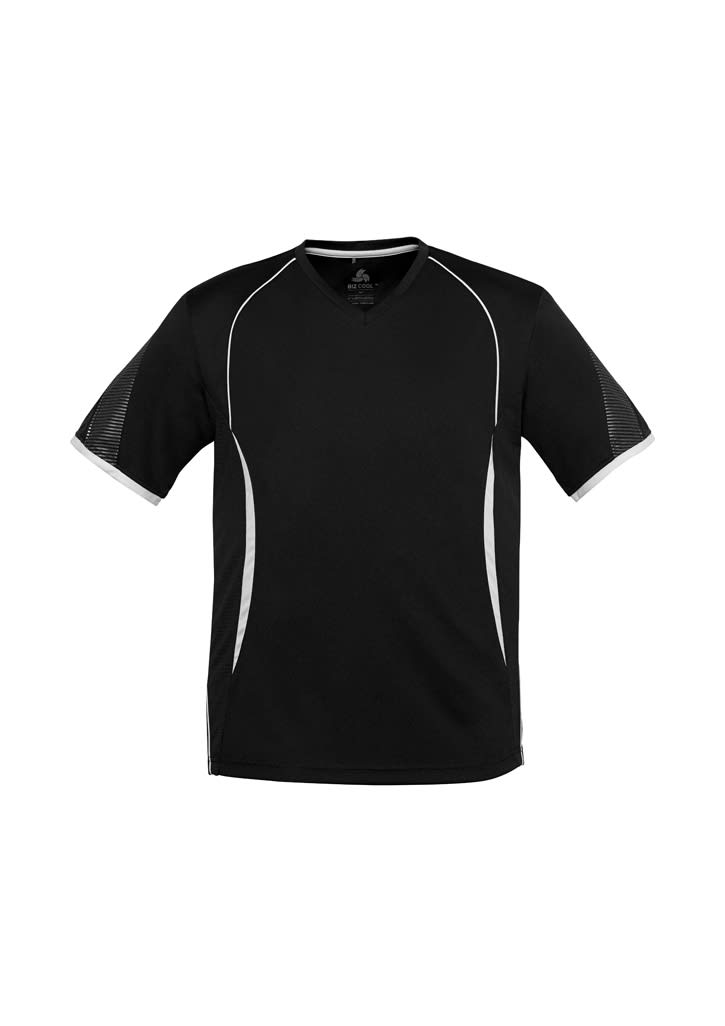 A black children's t-shirt featuring grey accents and a logo. It has short sleeves and a sporty design.