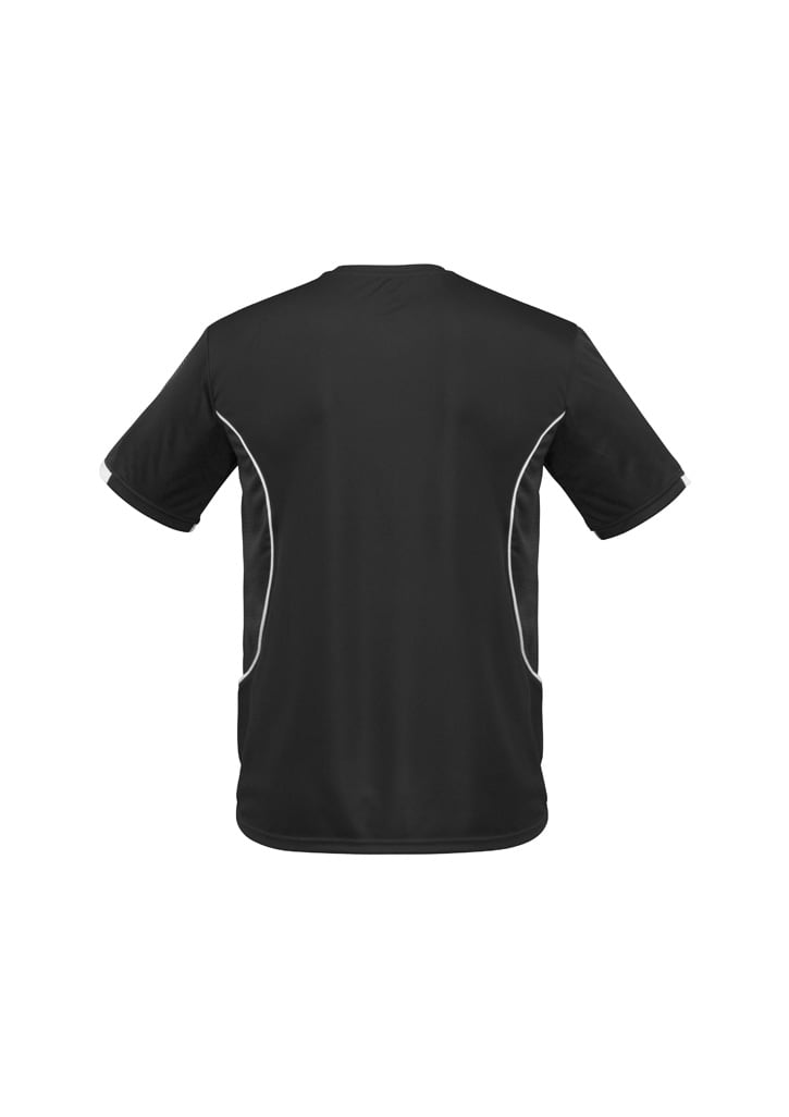 A black kids' T-shirt with short sleeves, featuring white accents and a simple design. It includes a logo.