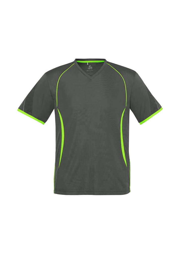A grey T-shirt with green accents and a V-neck design. It features short sleeves and has a logo.