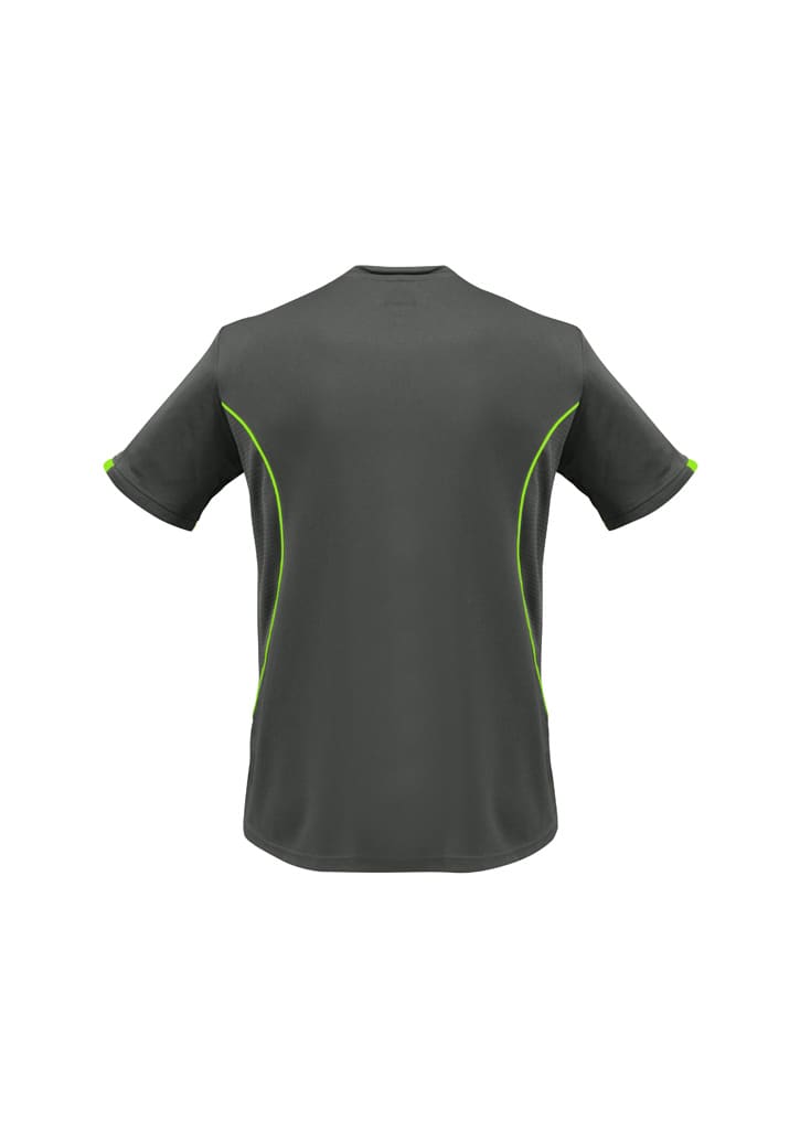 A dark grey t-shirt with green accents and short sleeves. It features a logo on the back.