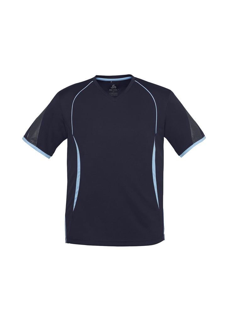 A navy blue t-shirt with light blue accents and a subtle logo on the front. Short sleeves and athletic design.