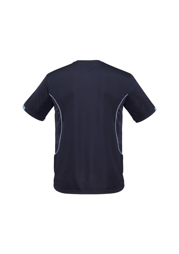 A black short-sleeved kids' T-shirt featuring blue accent stitching and a logo on the back.