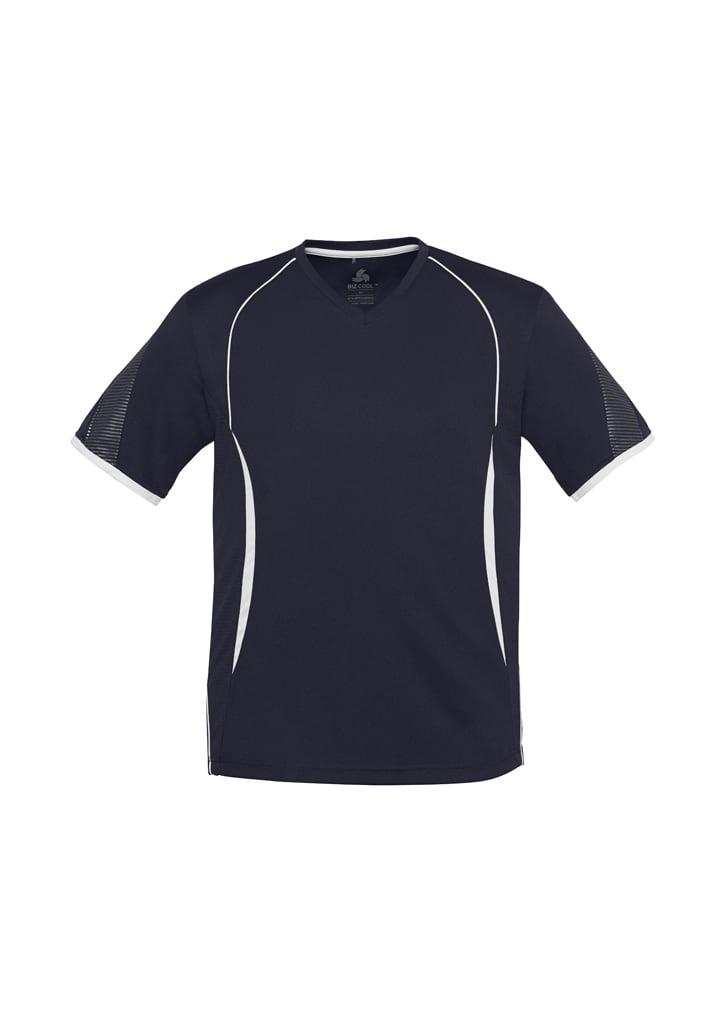 A navy blue kids' t-shirt featuring white accents and short sleeves. It has a logo on the front.