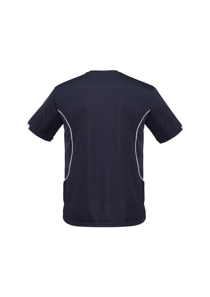 A black kids' t-shirt with white piping on the sides and short sleeves, featuring a logo.
