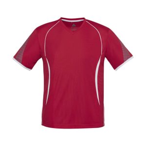 A red Kids Razor Tee featuring white accents and short sleeves, with a logo on the front.
