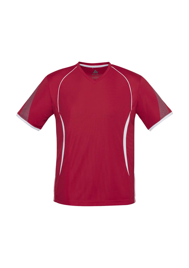 A red Kids Razor Tee featuring white accents and short sleeves, with a logo on the front.