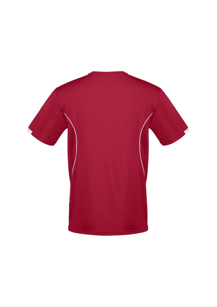 A red kids' T-shirt featuring short sleeves and white side accents, with a logo on the back.