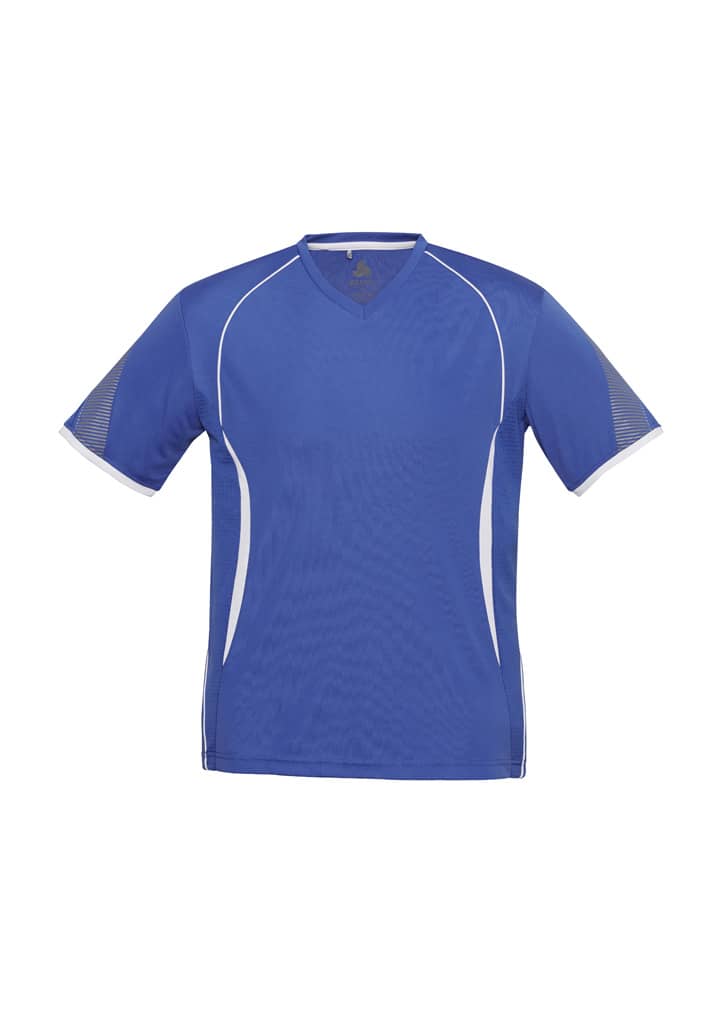 A blue kids' T-shirt with short sleeves, featuring white accents and a logo on the front.