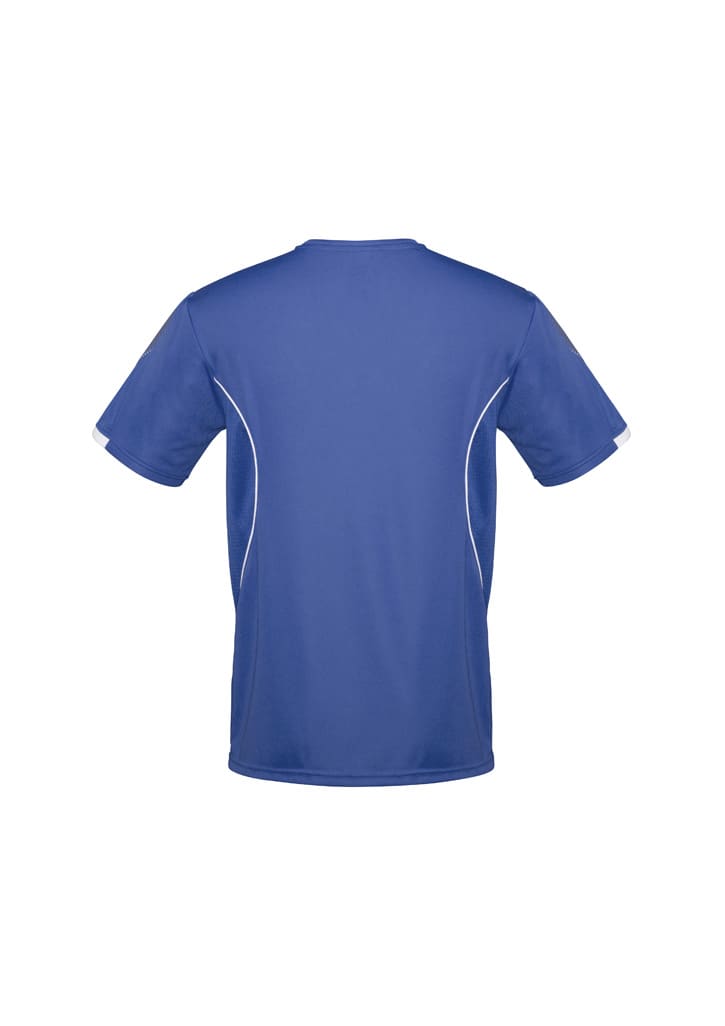 A blue kids' T-shirt with white detailing and short sleeves. It features a logo on the back.