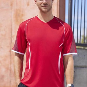 A red short sleeve tee featuring a V-neck and mesh detailing, with white accents and a logo on the chest.