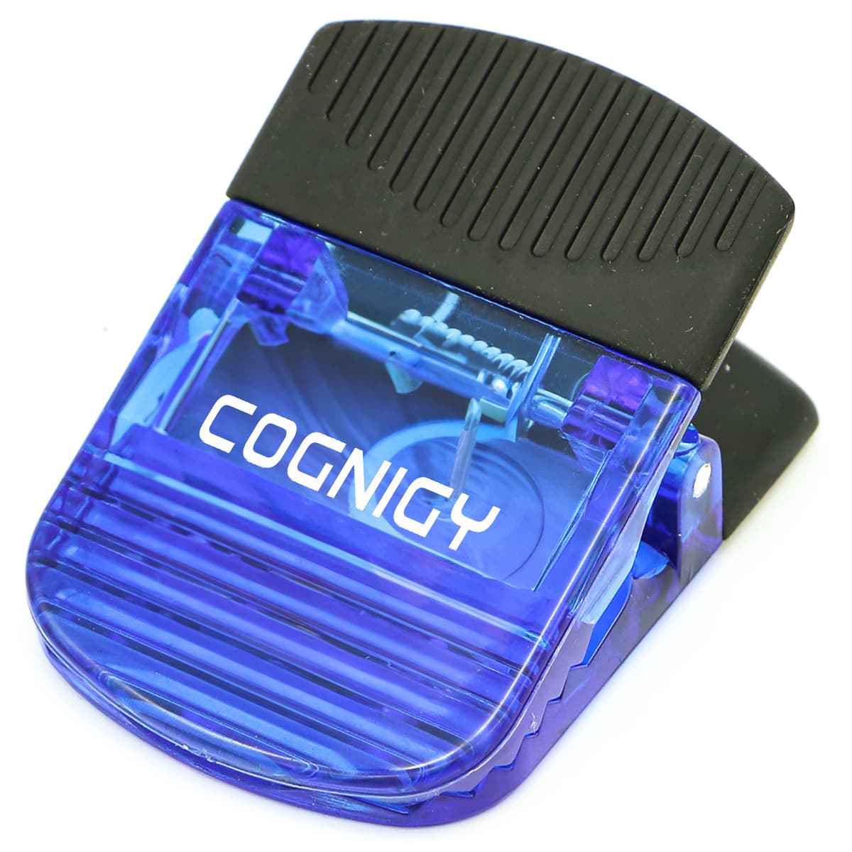 A wide, purple magnetic clip with a black grip on top, featuring a logo. Ideal for securing papers or notes.