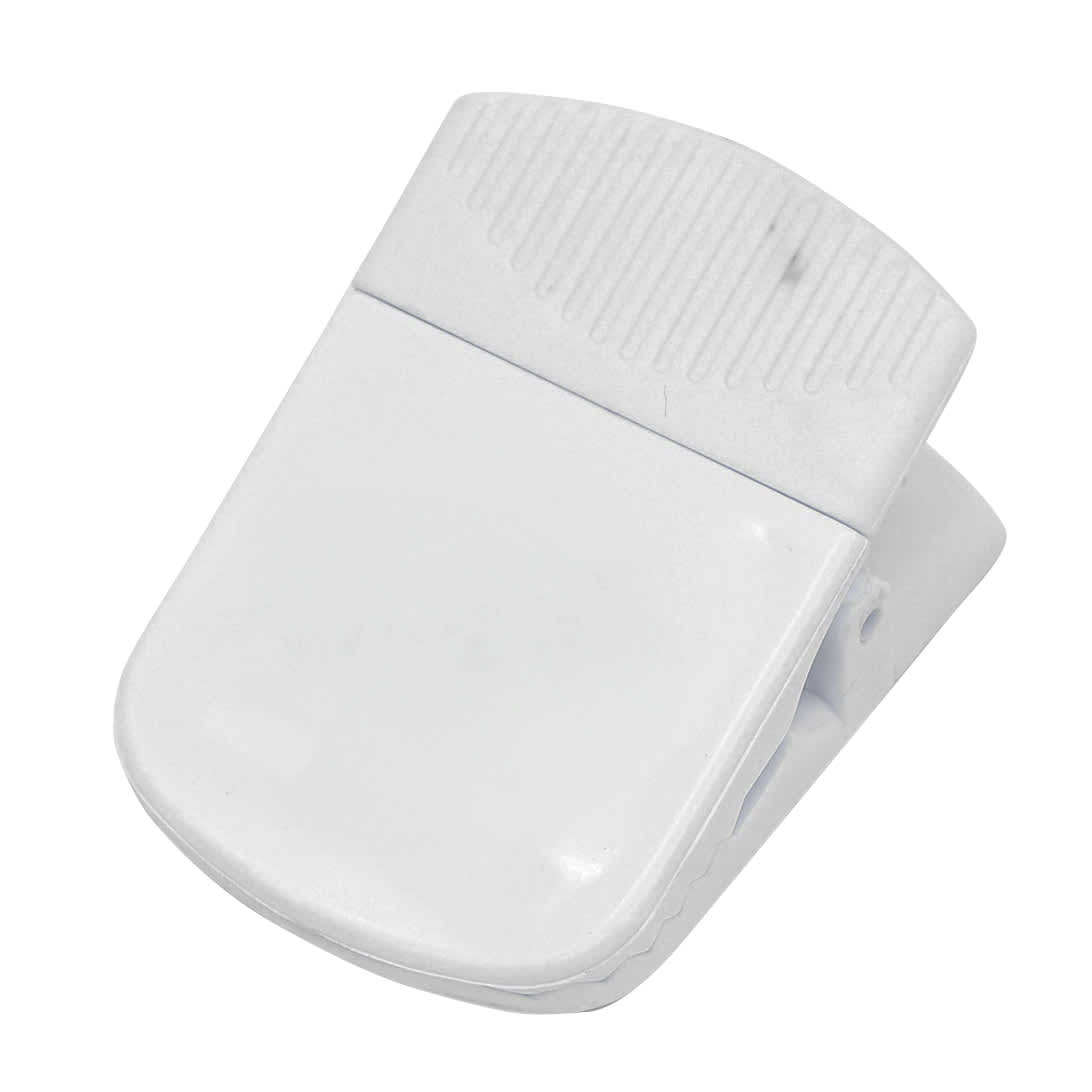 A white magnetic clip designed for holding papers or items securely, featuring a textured grip area.