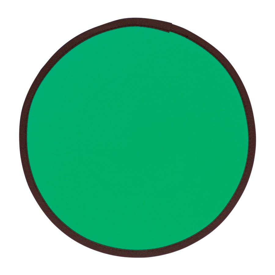 A green flying disc with a brown edge, folded flat for easy storage. Features a logo on the surface.