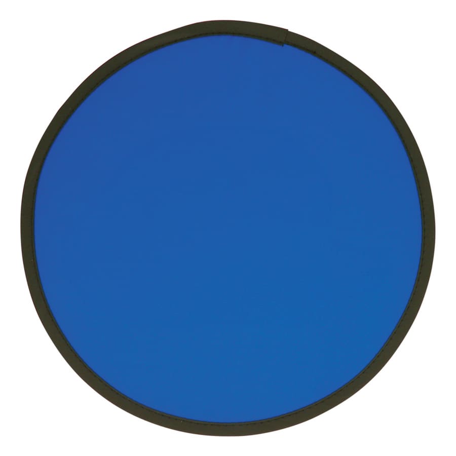 A blue fold-up flying disc with a black rim and a circular shape, featuring a logo.