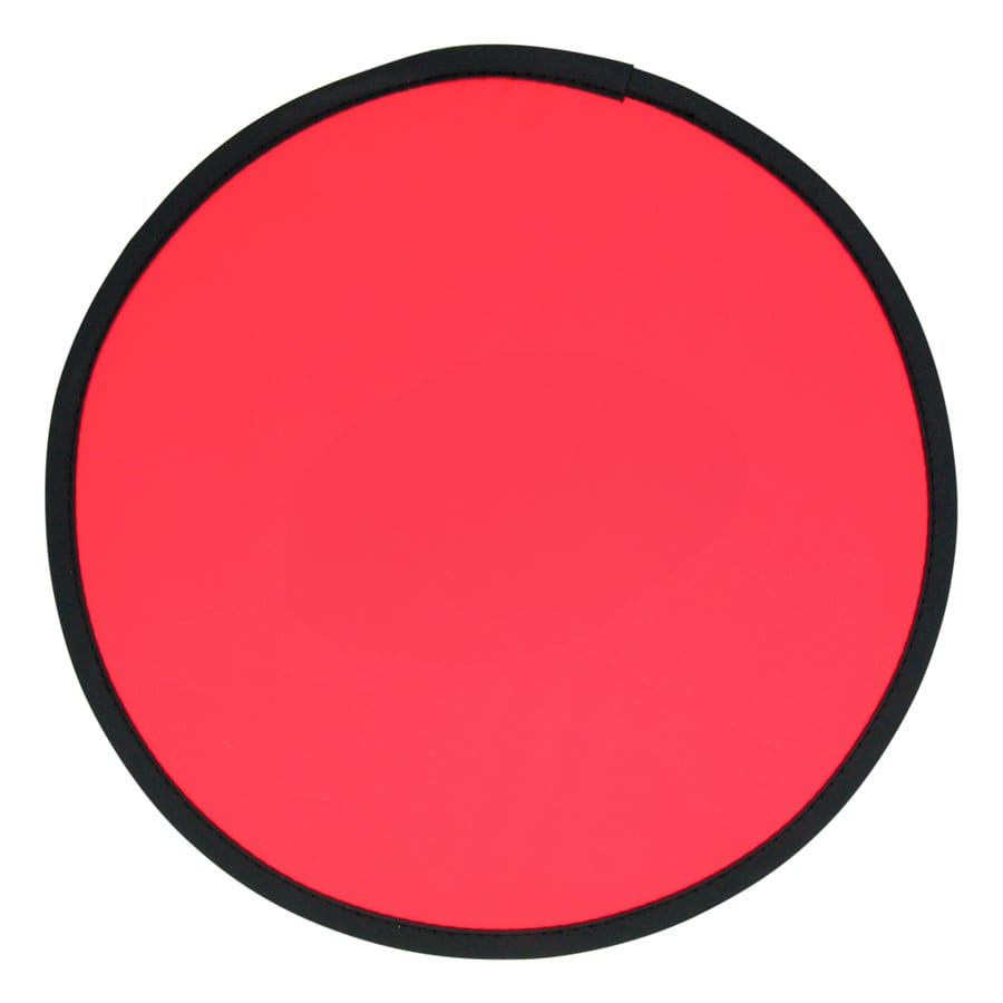 A red fold-up flying disc with a black border, compact and round in shape. It has a branded logo.