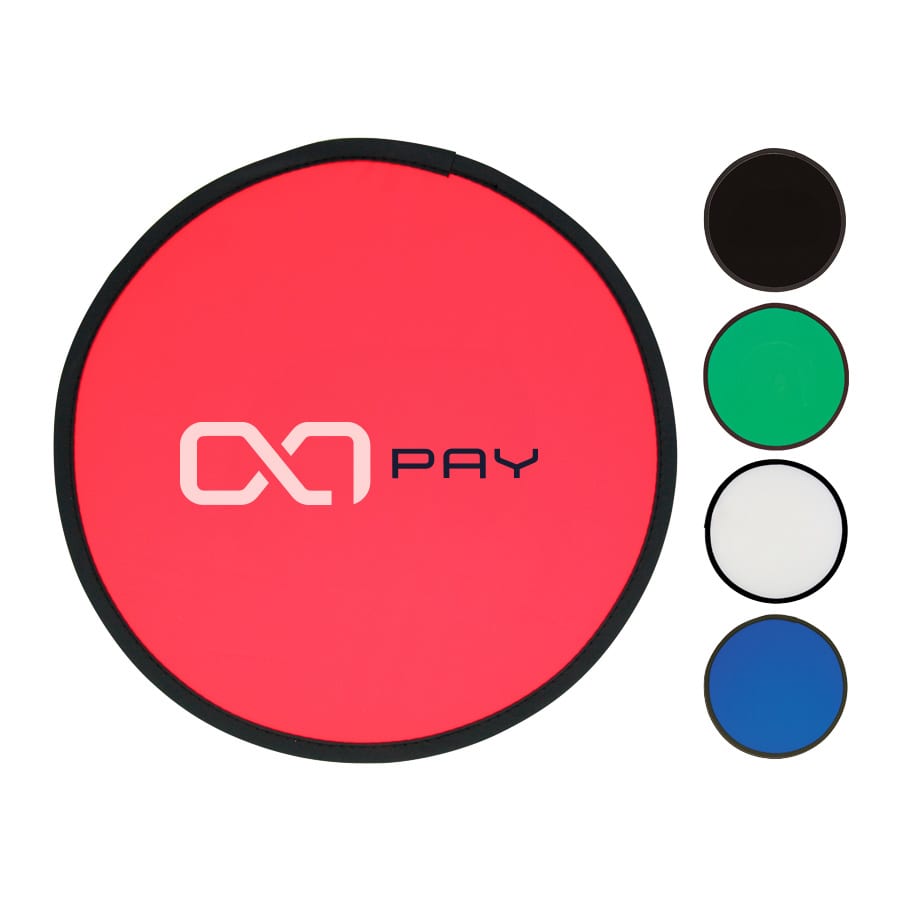 A red fold-up flying disc is displayed, alongside black, green, white, and blue options. The disc features a logo.