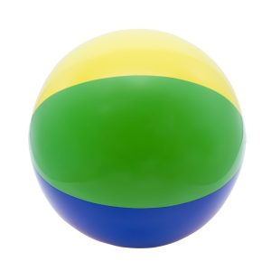 A bright beach ball featuring green, yellow, and blue stripes, designed for fun and games.