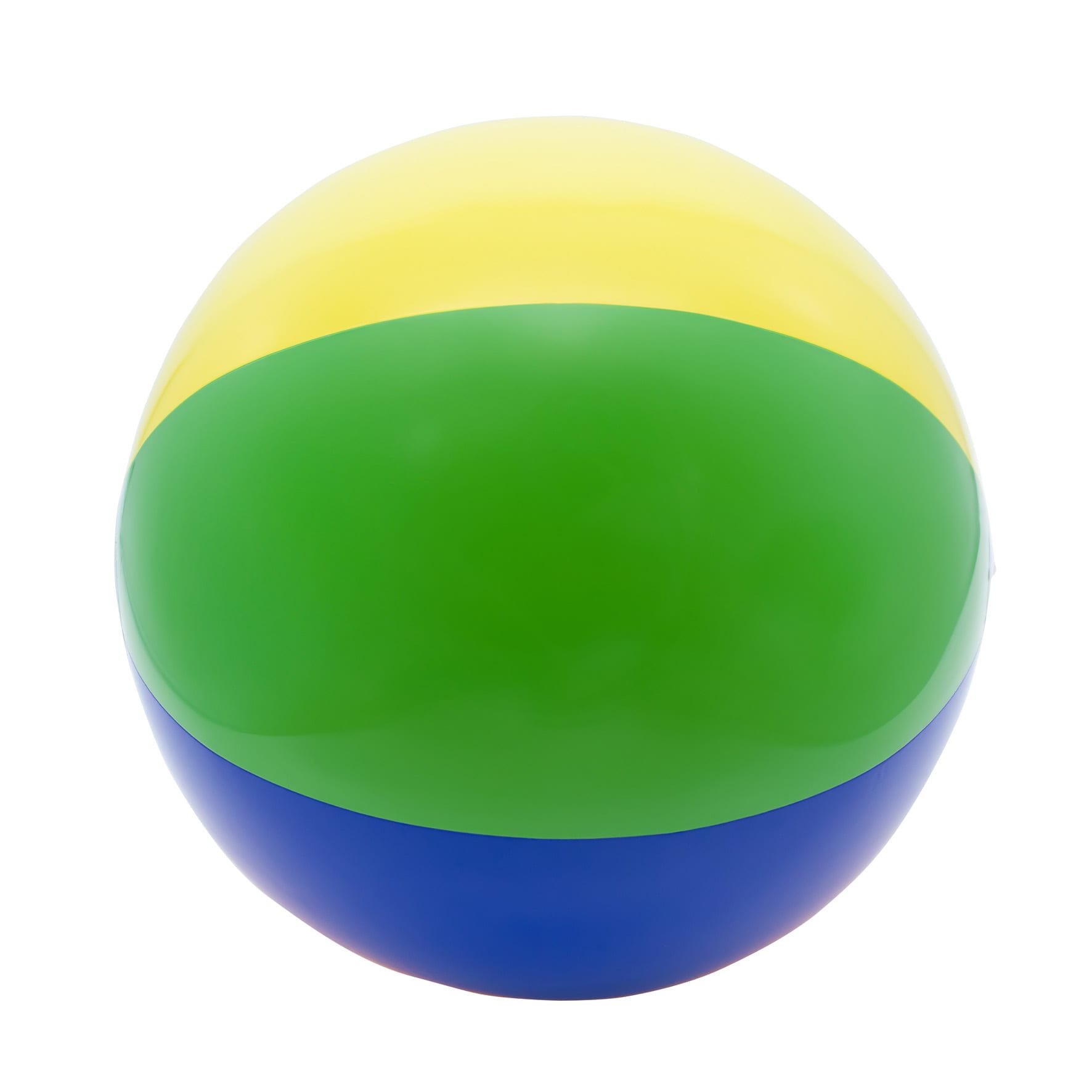 A bright beach ball featuring green, yellow, and blue stripes, designed for fun and games.