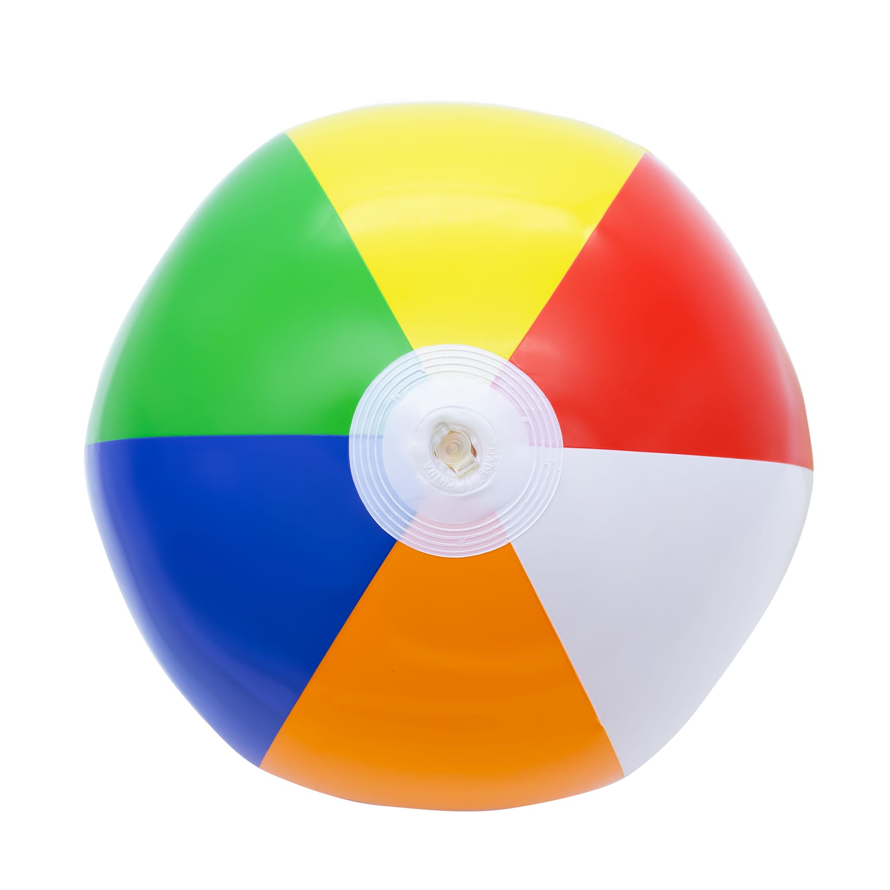 A beach ball featuring red, yellow, green, blue, orange, and white panels, with a visible logo near the centre.