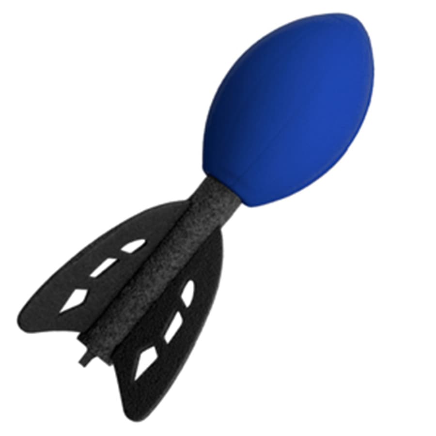 A blue football-shaped stress toy with black rocket fins, featuring a logo.