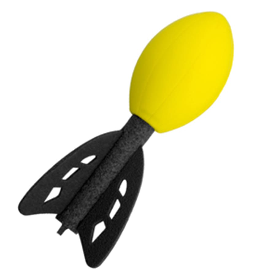 A yellow football-shaped stress toy with a black rocket-style tail. It features a logo on its surface.