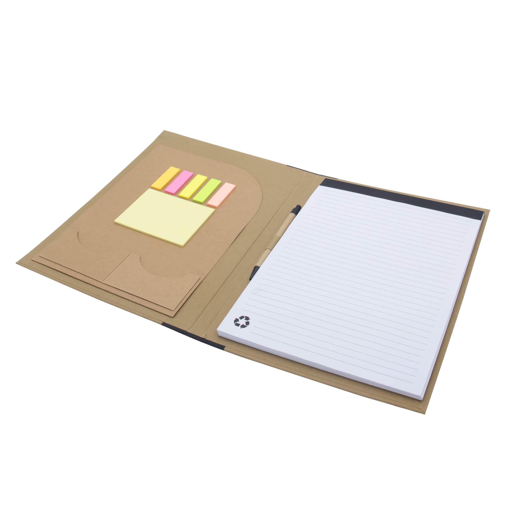 An A4 padfolio in brown with lined notepad, sticky notes, and a pen holder. It includes a logo.