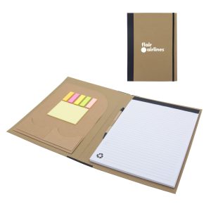 A brown A4 padfolio with a notepad, sticky notes, and a pocket, featuring a brand logo.