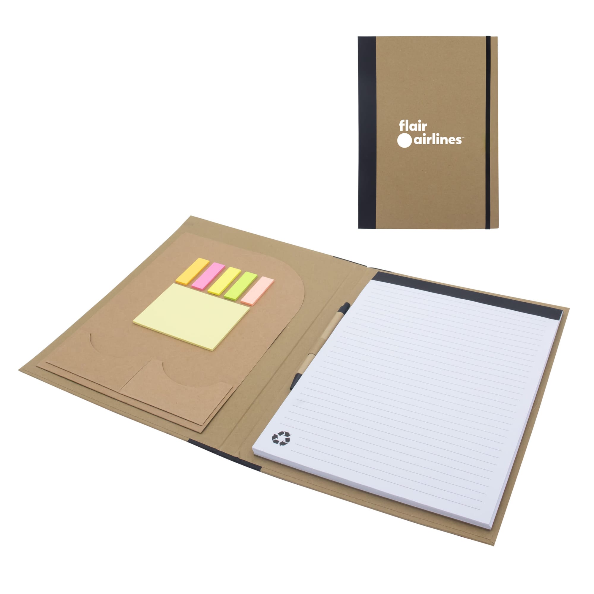 A brown A4 padfolio with a notepad, sticky notes, and a pocket, featuring a brand logo.