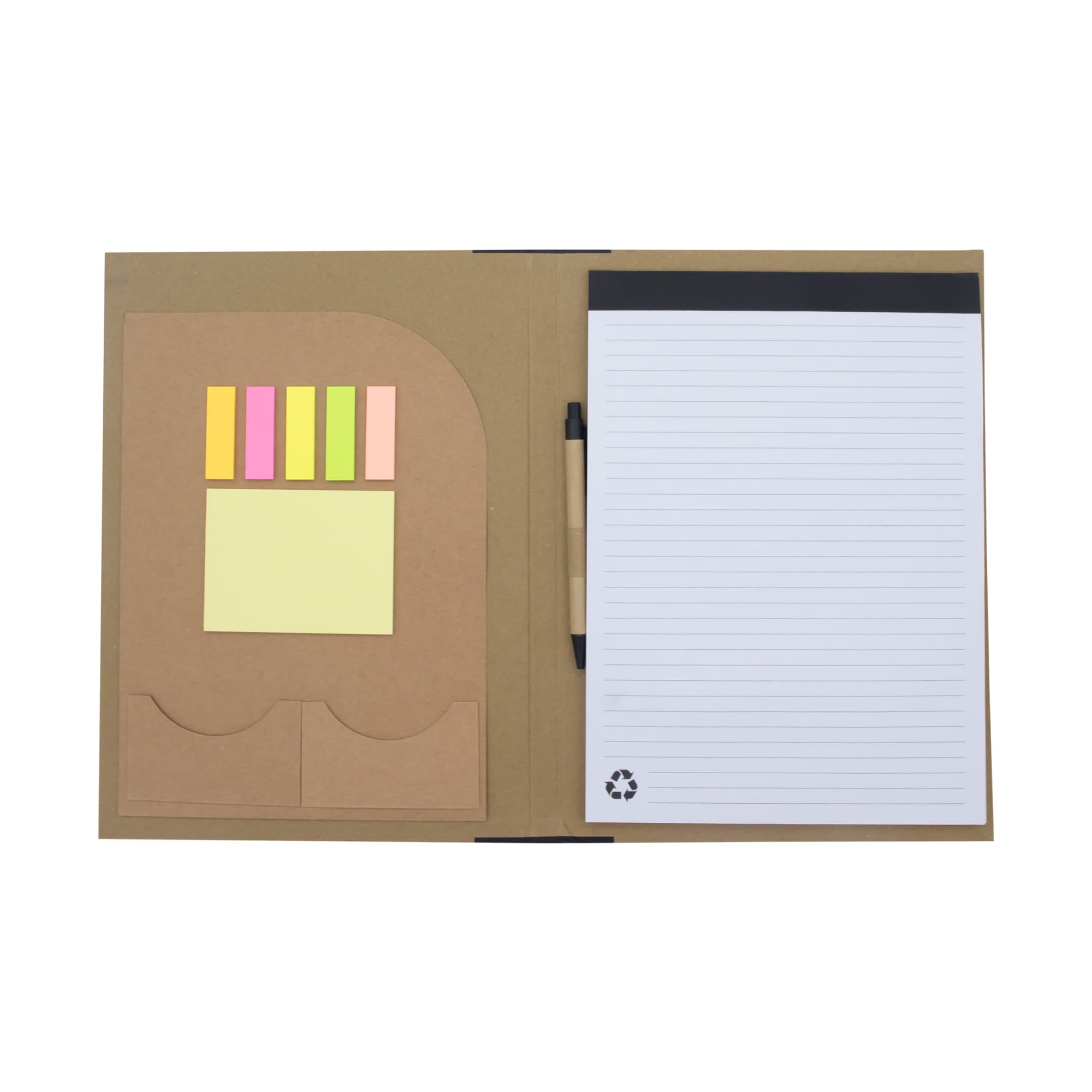 A brown A4 padfolio featuring a notepad, sticky notes in various colours, and a pen. It includes a logo.
