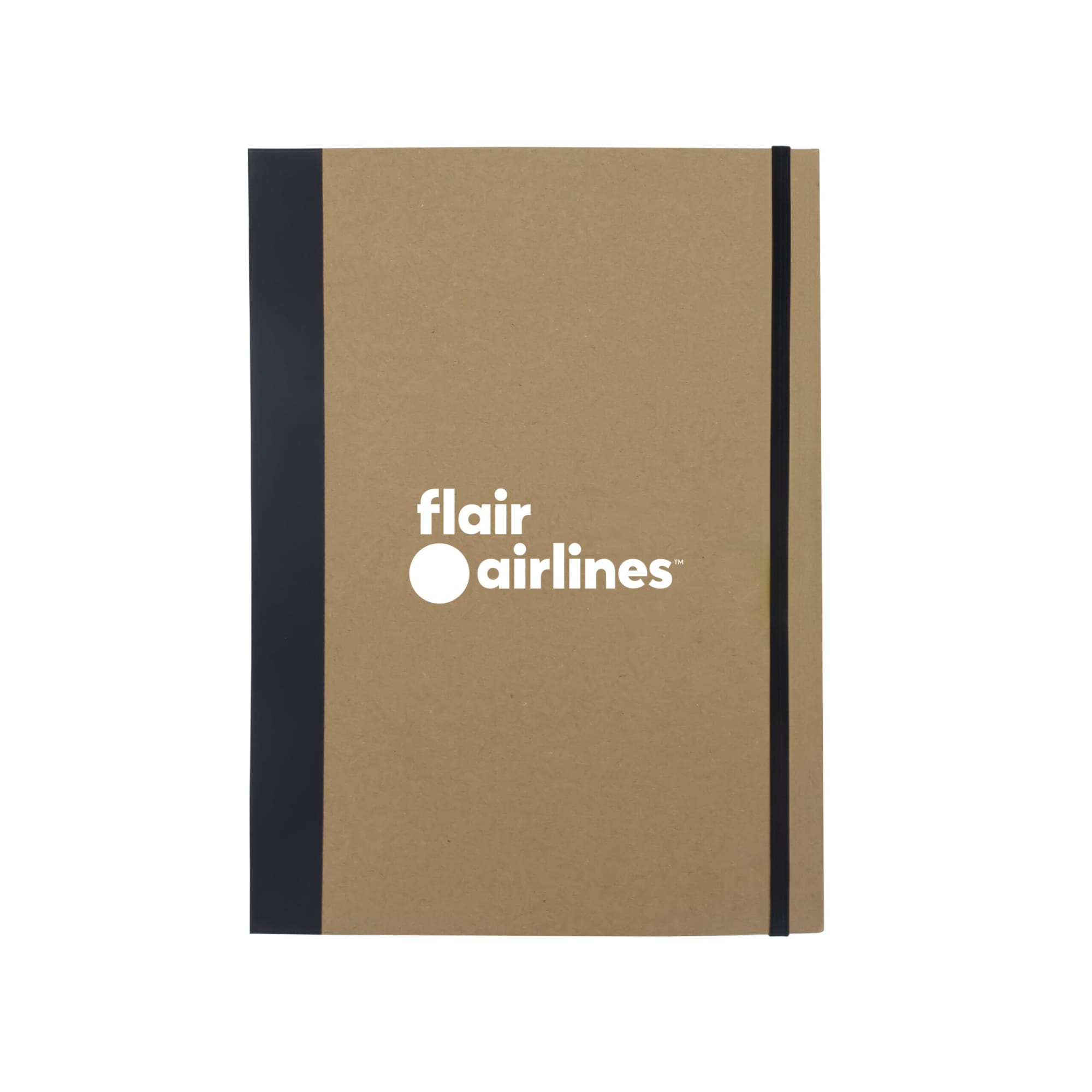 A brown A4 padfolio with a black spine and an elastic closure, featuring a logo on the front.