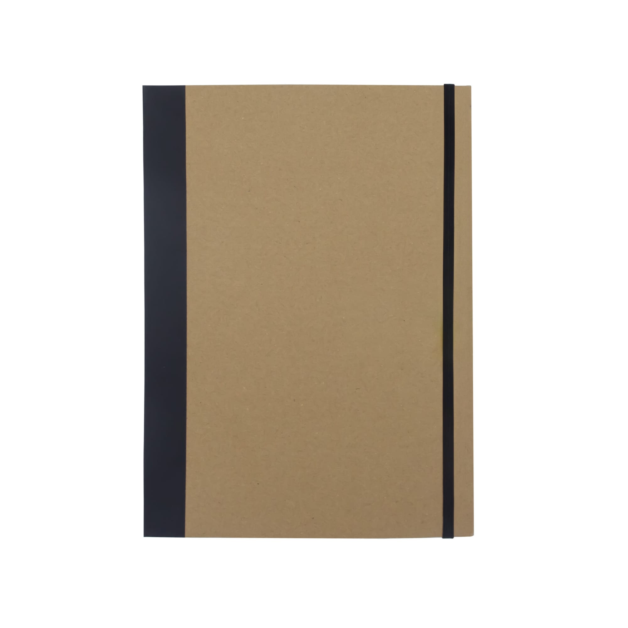 A brown A4 padfolio with a black spine and elastic closure, featuring a logo.