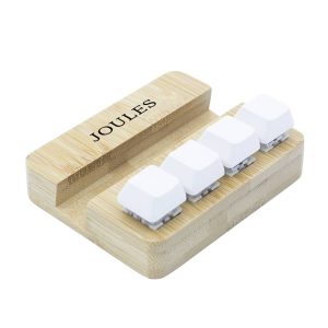 Bamboo stand holder featuring four white key pressing stress relievers. Includes a logo on the side.