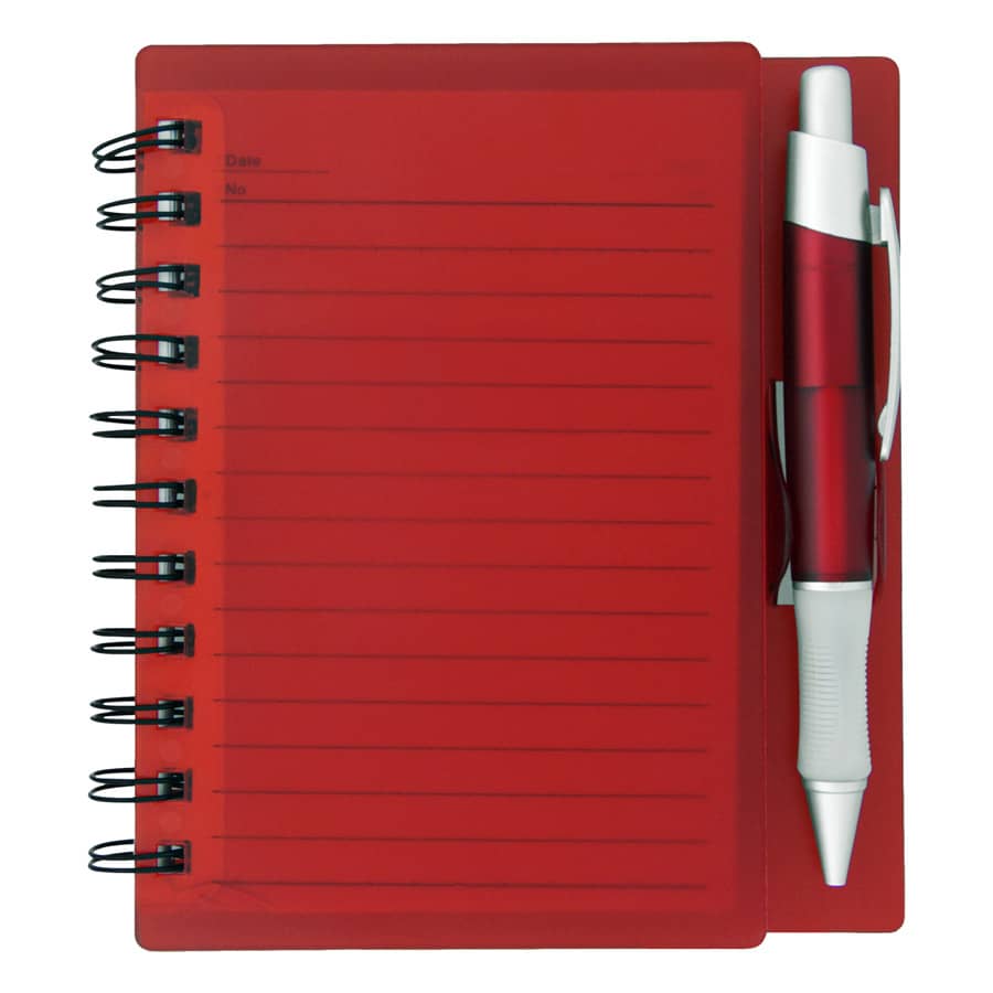 A red notepad with lined pages and a spiral binding, accompanied by a matching pen.