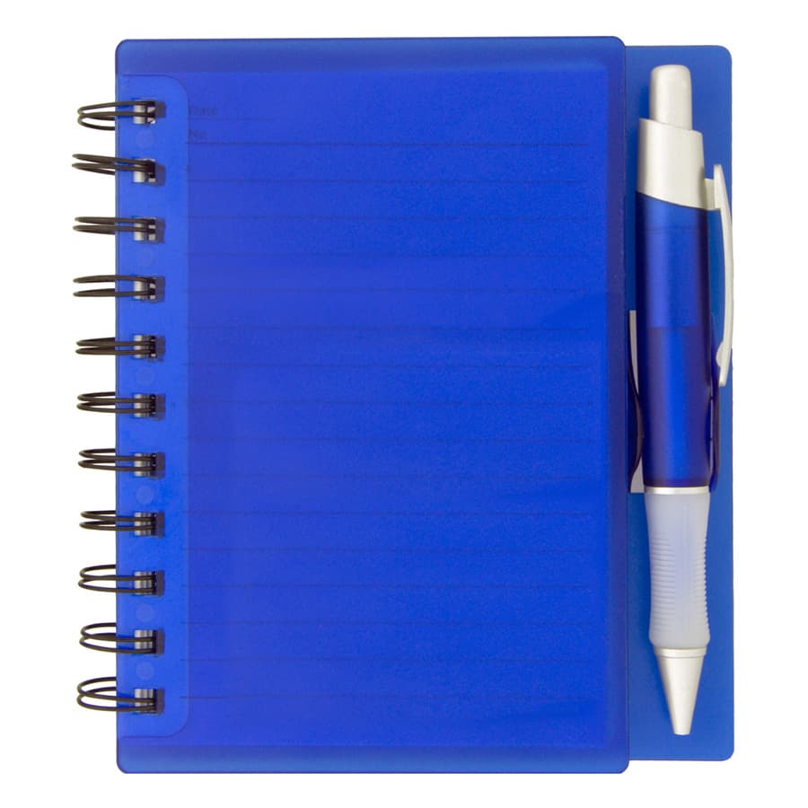 A blue notepad with lined pages and a matching pen attached, featuring a spiral binding and a sleek design.