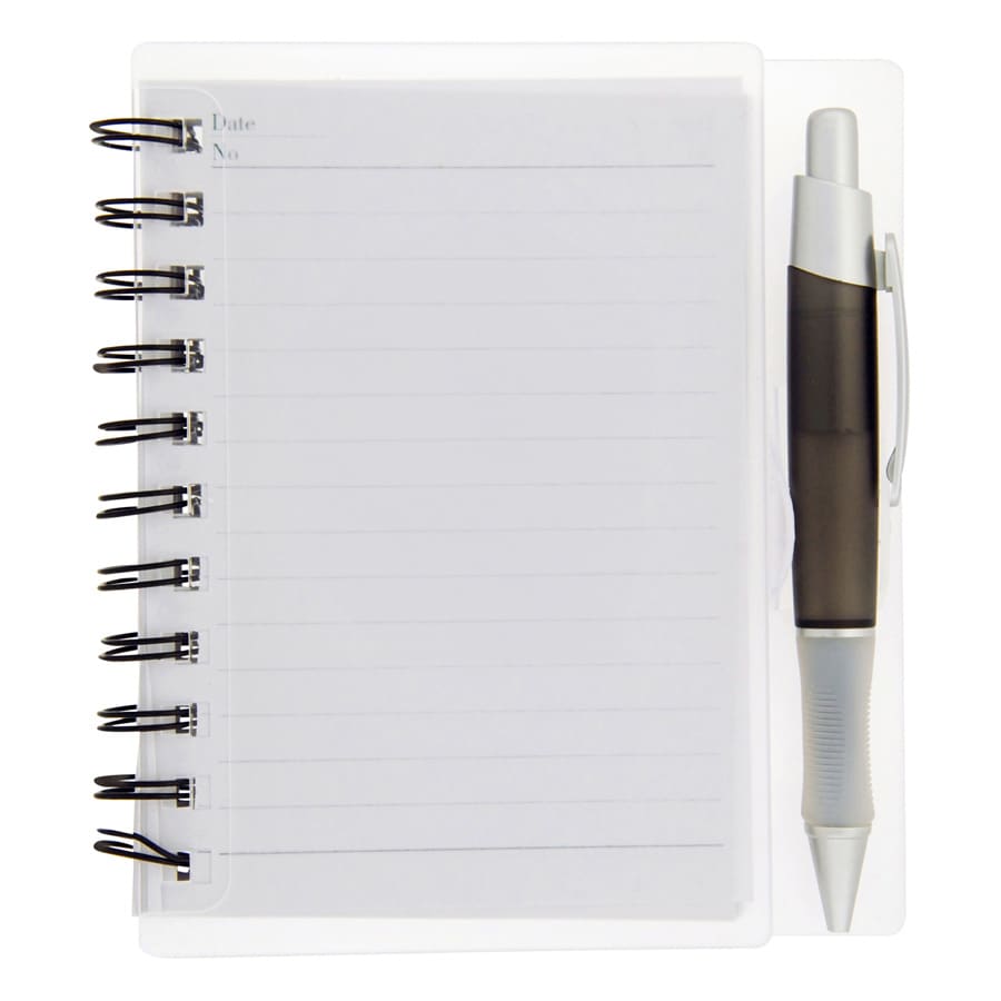 A clear notepad with spiral binding and lined pages, accompanied by a black and white pen.