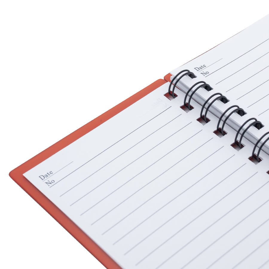 A notepad featuring blank lined pages, with a spiral binding and an orange cover. It also has a logo on the front.