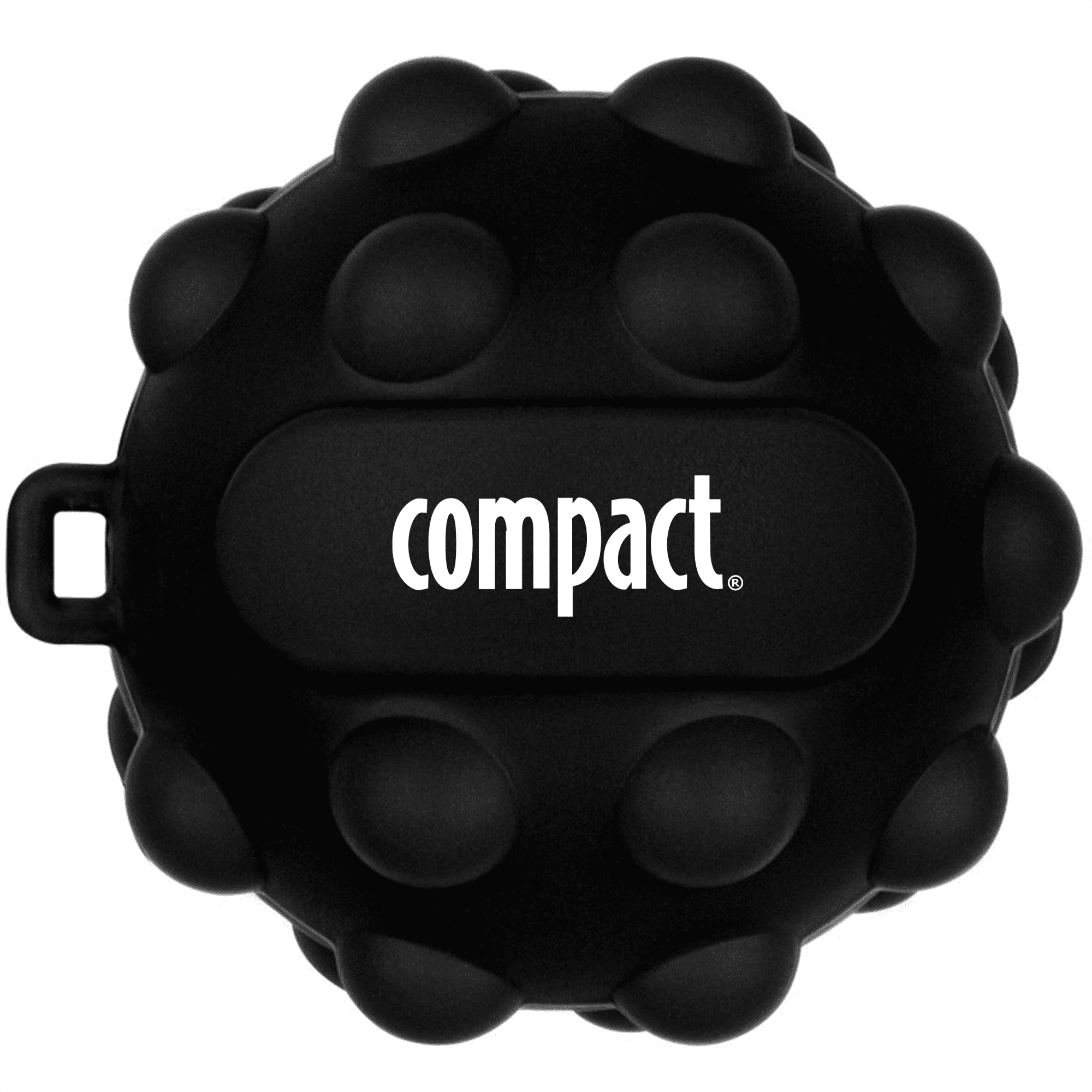 A black stress ball with a textured surface and a logo on the side, designed for fun and relaxation.