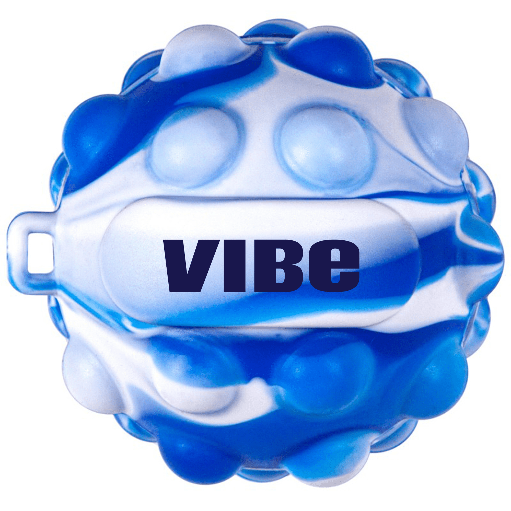 A blue and white stress ball featuring raised dots, designed for fun and relaxation. It has a logo on the surface.