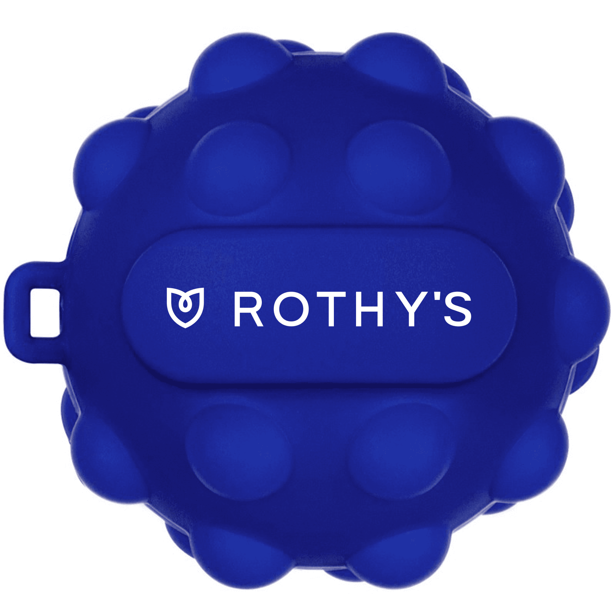 A round, blue stress ball with a textured surface and a branded logo on top.