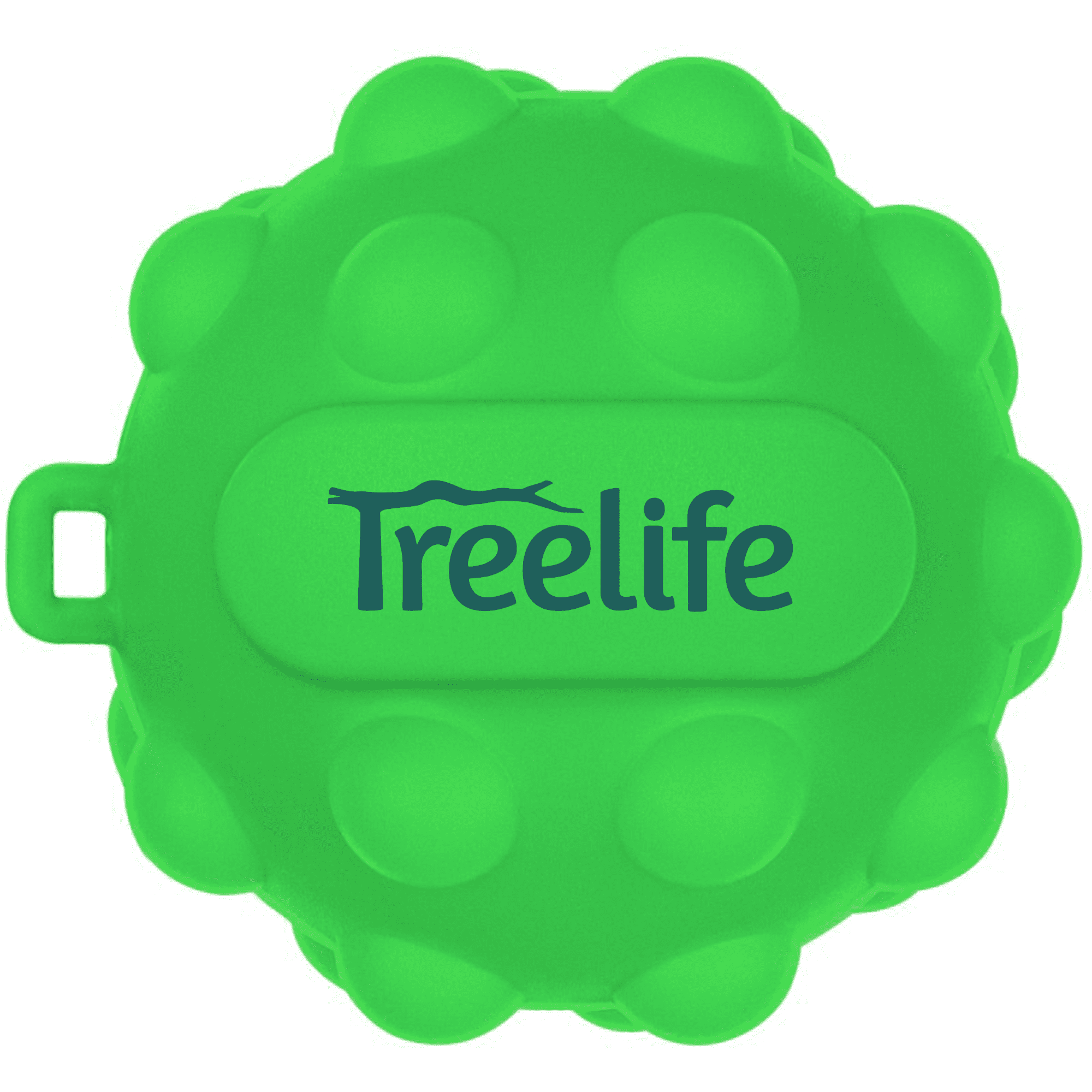 A green stress ball with a textured surface and a logo. It has a rounded shape and is designed for squeezing.