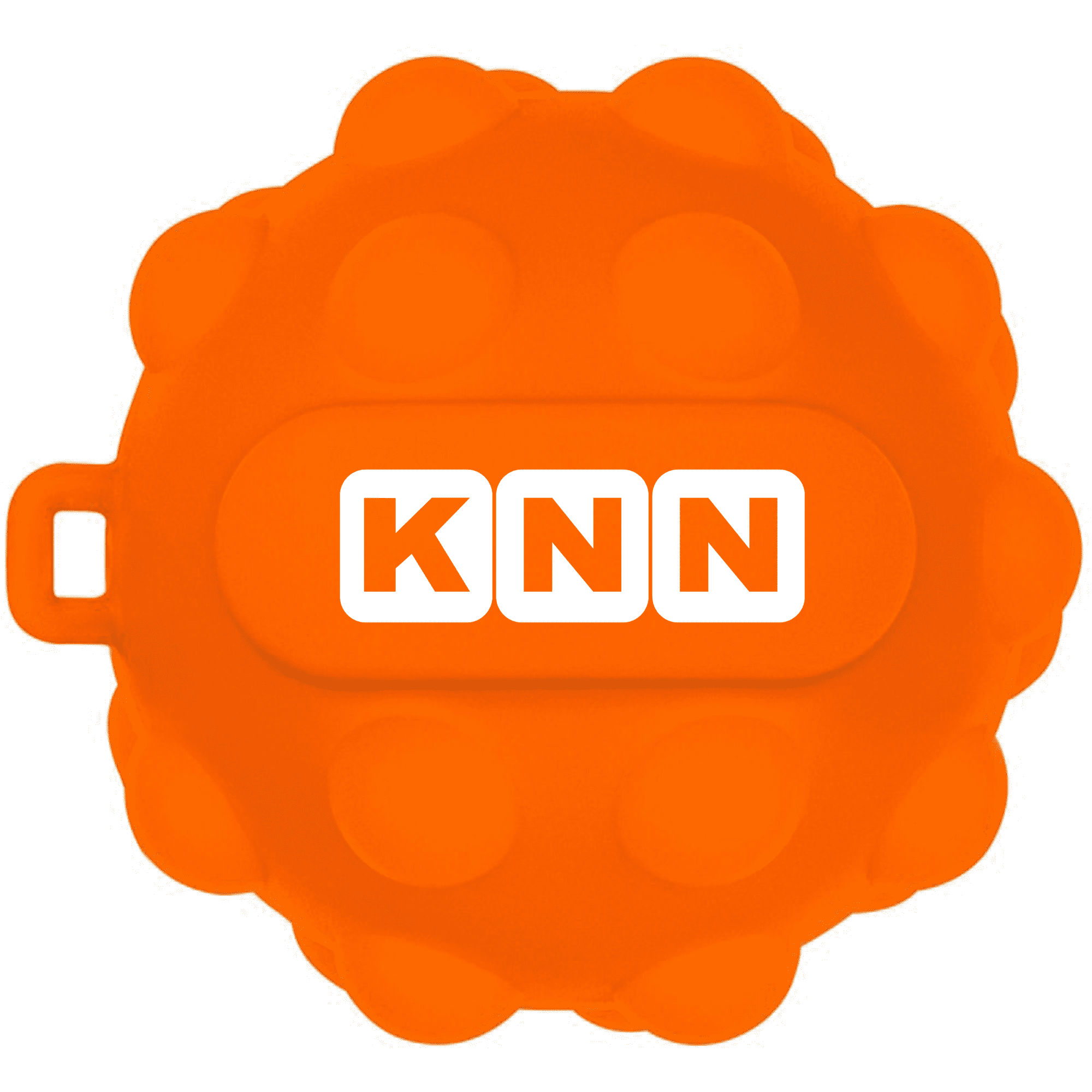 An orange stress ball with a textured surface and a central area featuring a logo.