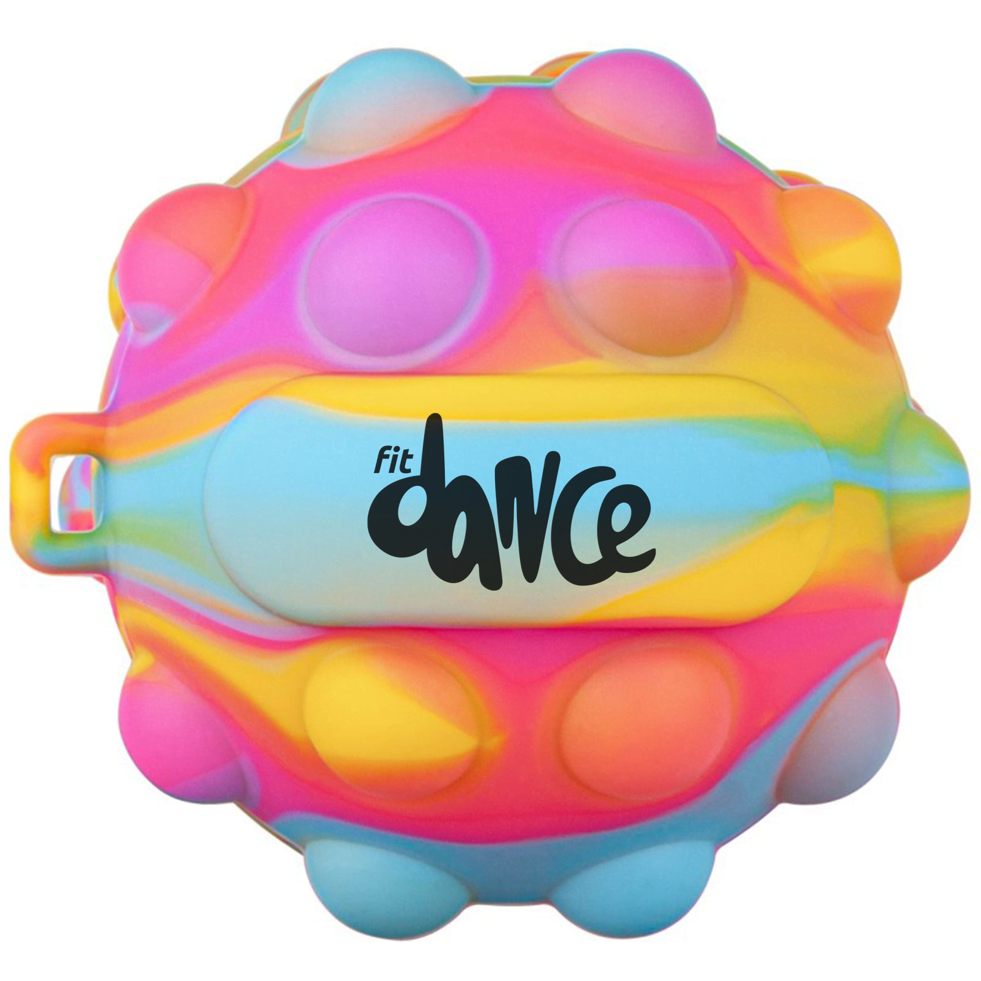A multi-coloured stress ball featuring a textured surface and a logo, in shades of pink, blue, and yellow.