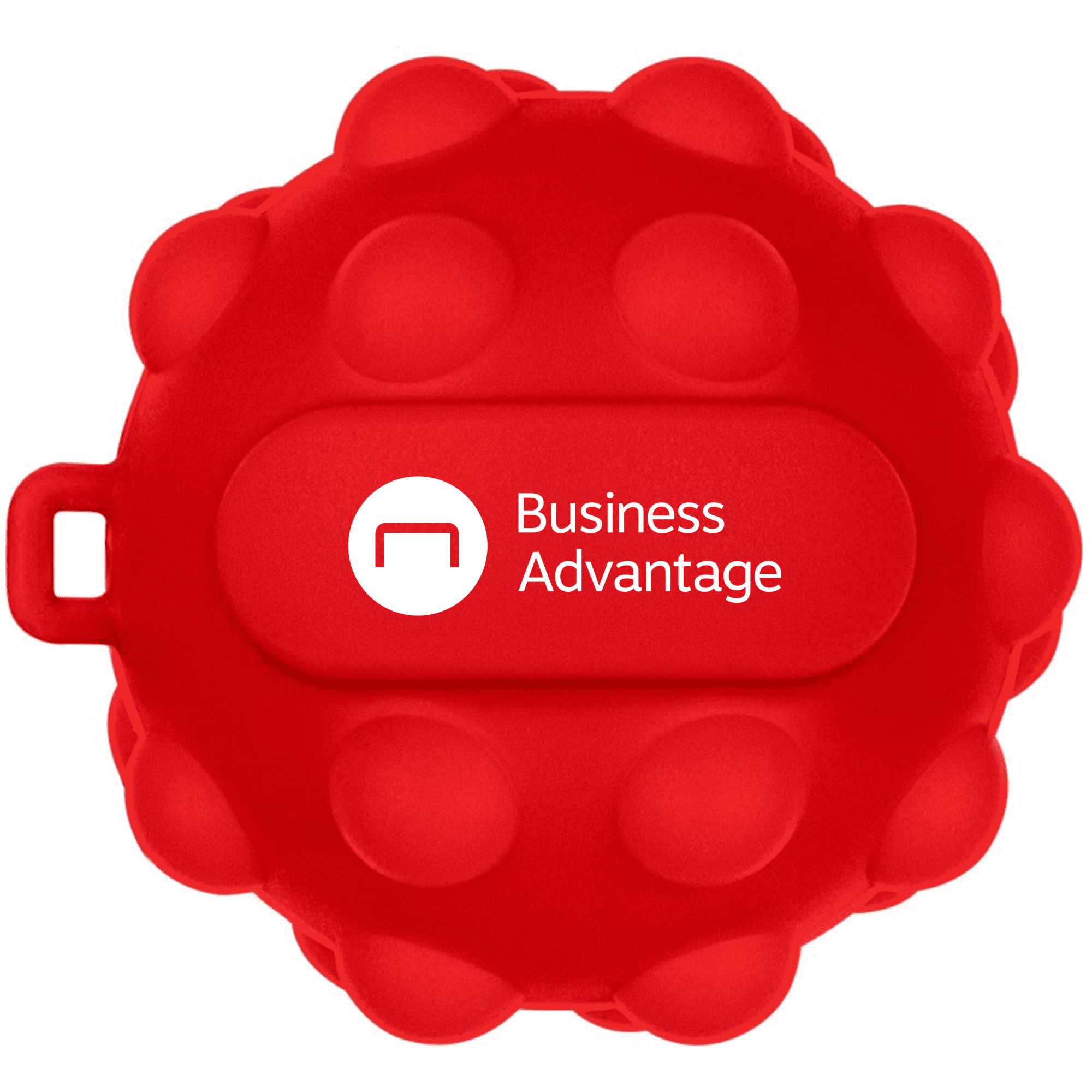 A red stress ball shaped like a popper with a logo on it. The surface features rounded nodules for texture.