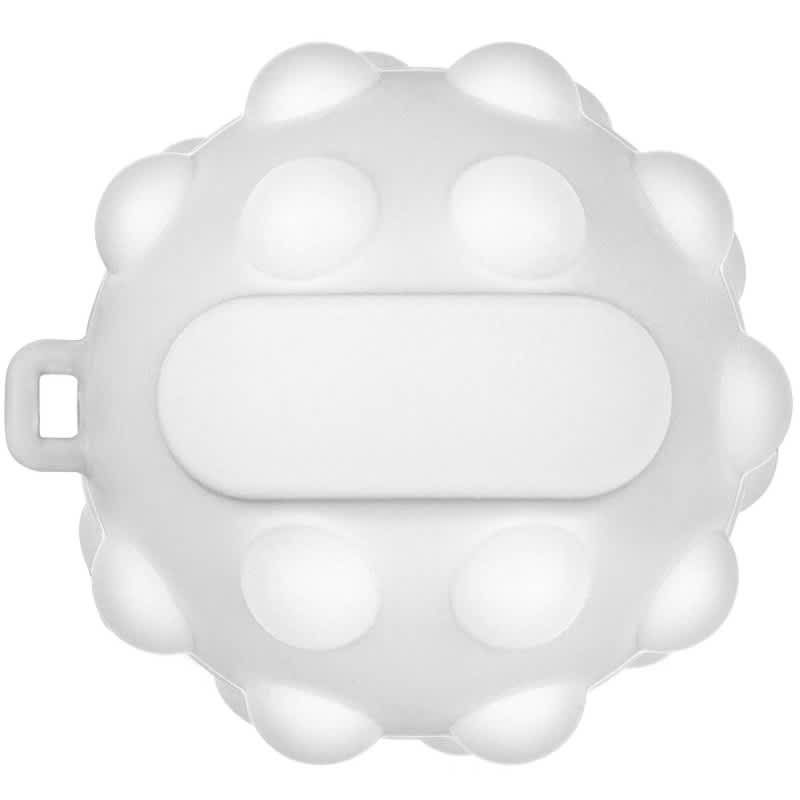 A white stress ball shaped like a rounded popper with raised dots and a flat area for branding.