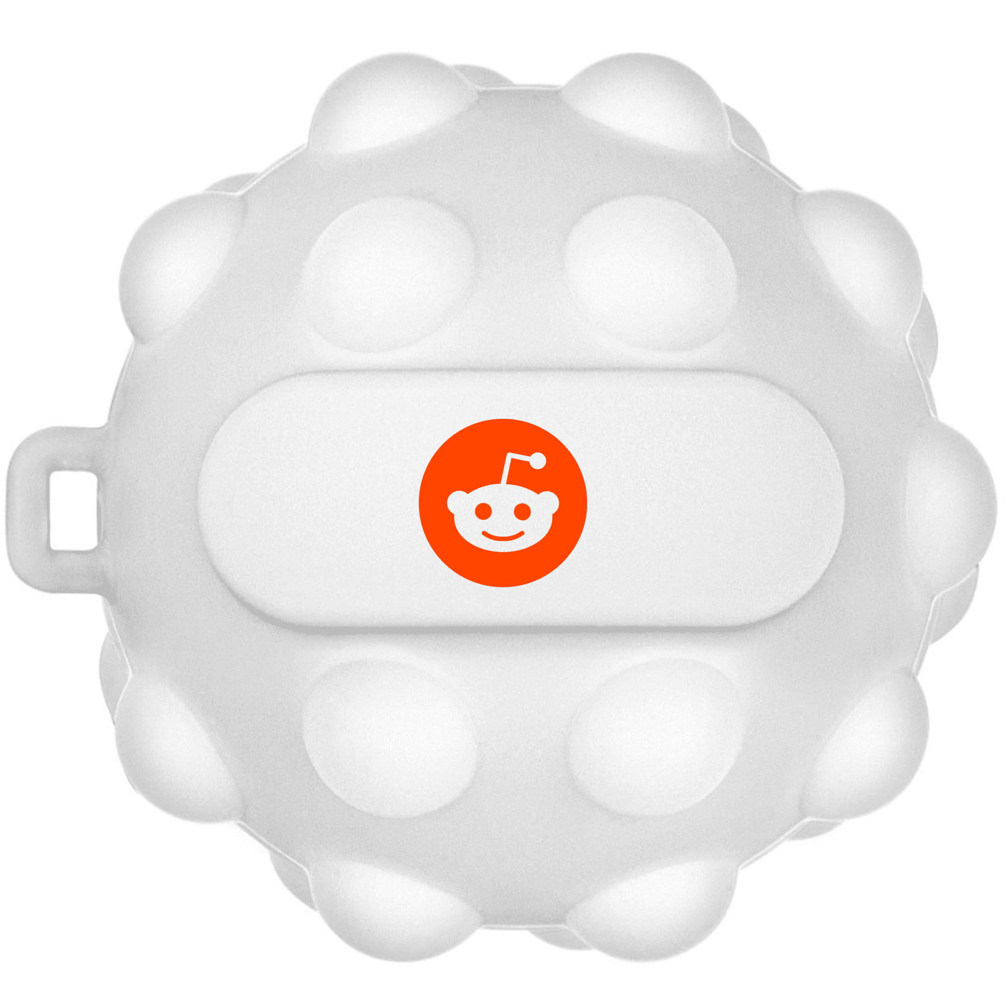 A white Popper Ball stress ball featuring numerous raised bumps and a branded logo in orange.