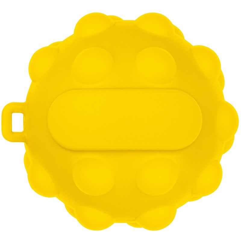 A vibrant yellow Popper Ball stress ball featuring a textured surface and a loop for easy handling.
