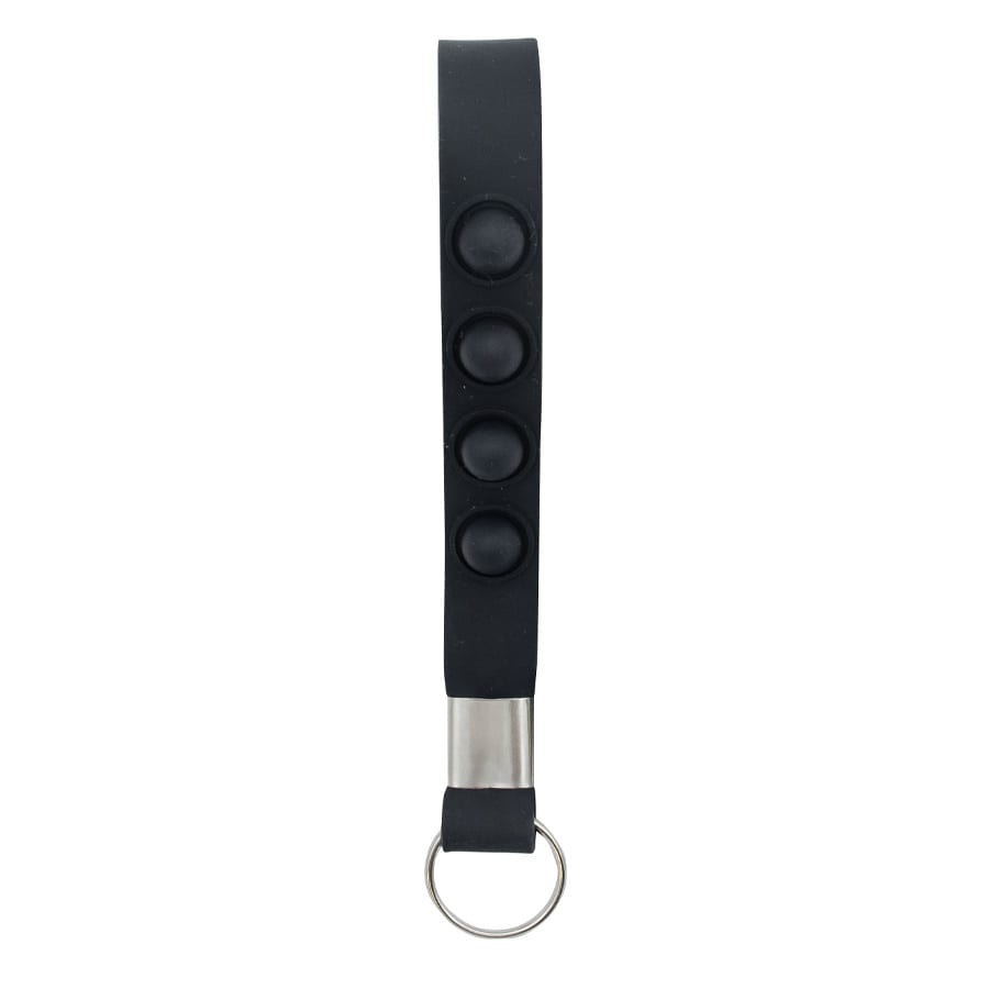 A black stress reliever key chain featuring three push buttons along a flexible strap, with a metal key ring attachment.