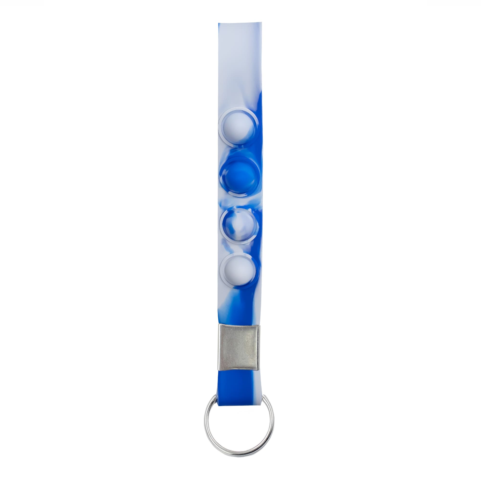 A blue and white silicone keychain featuring three popper buttons, with a metal keyring attachment.