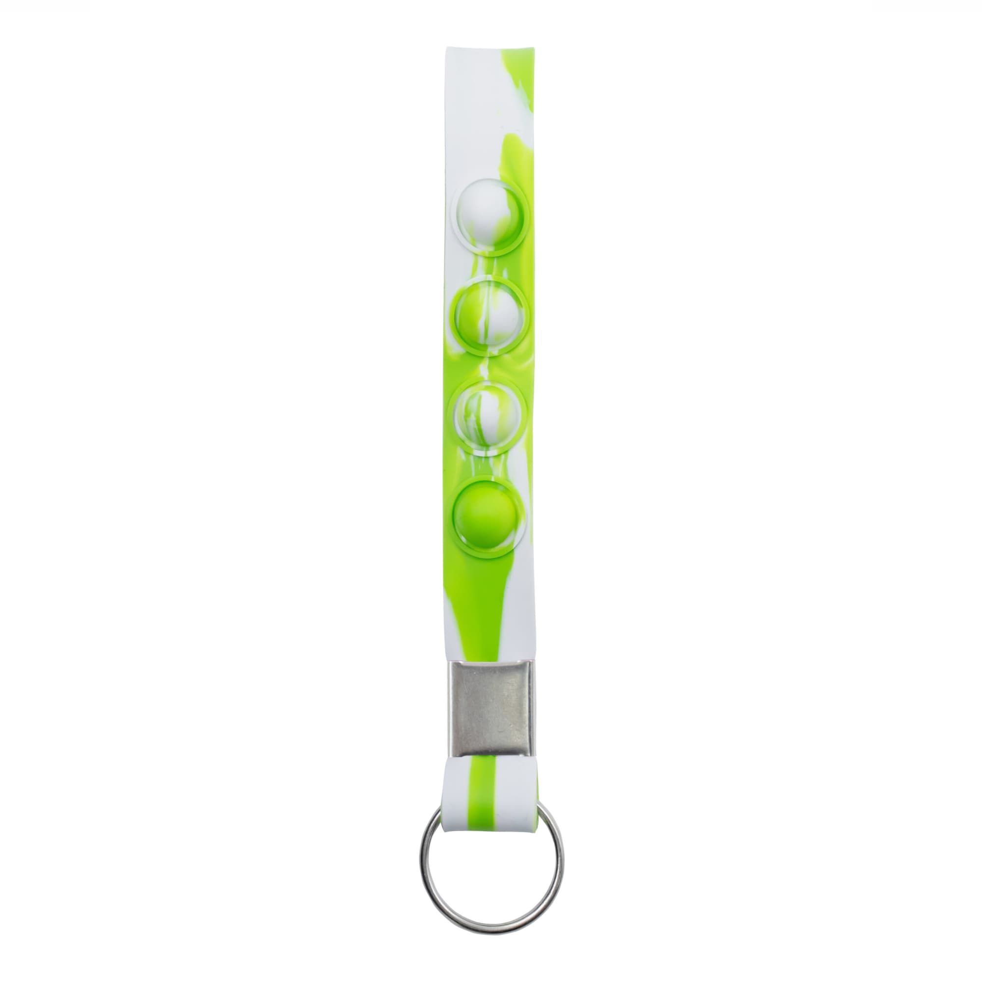 A green and white Popper Stress Reliever Key Chain with five poppable buttons and a metal keyring.