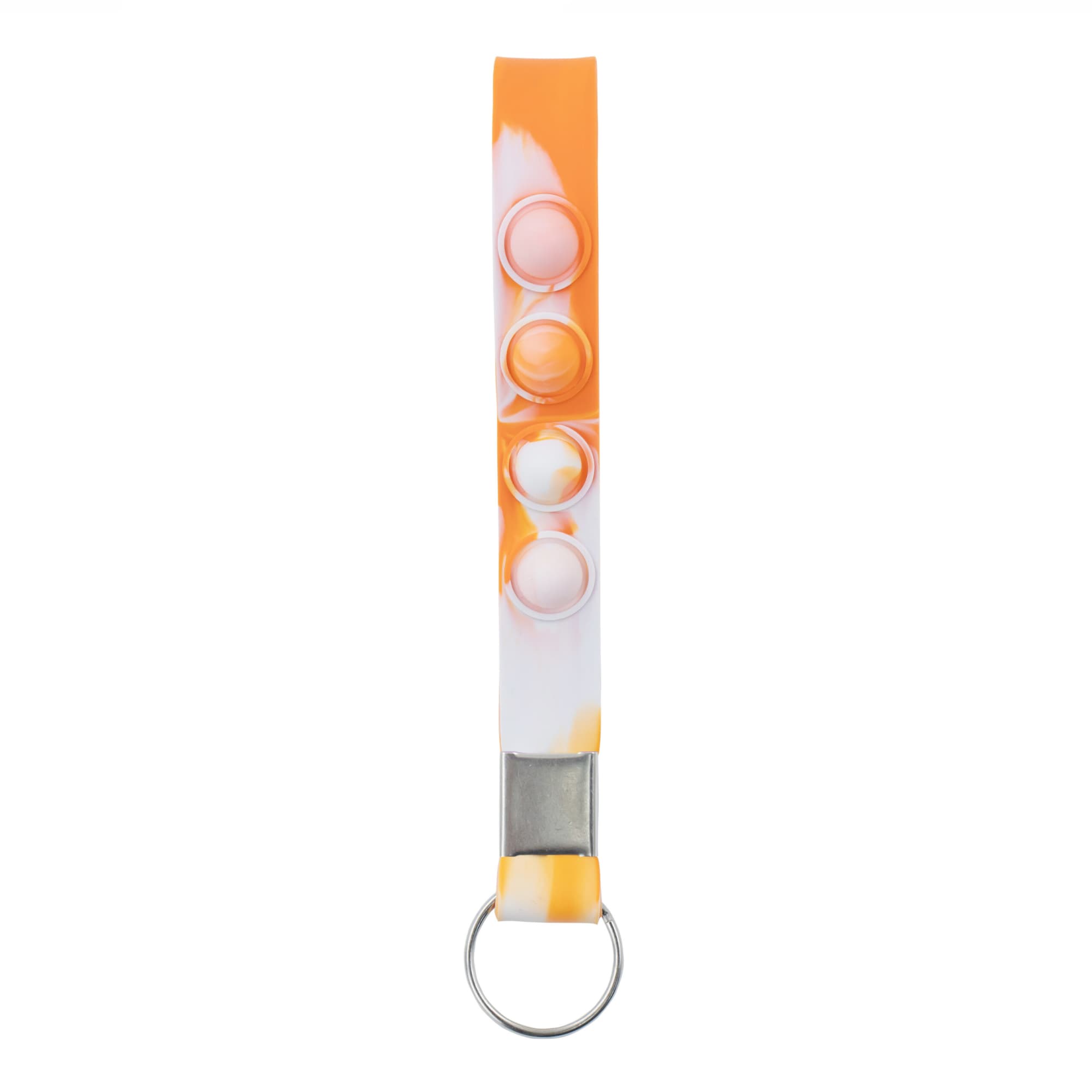 An orange and white popper stress reliever key chain, featuring three popping buttons and a metal keyring.